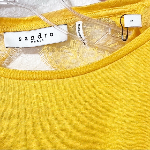 Sandro Paris Golden Yellow Open Back Lace Linen Long Sleeve Linen Top - Picture 5 of 10